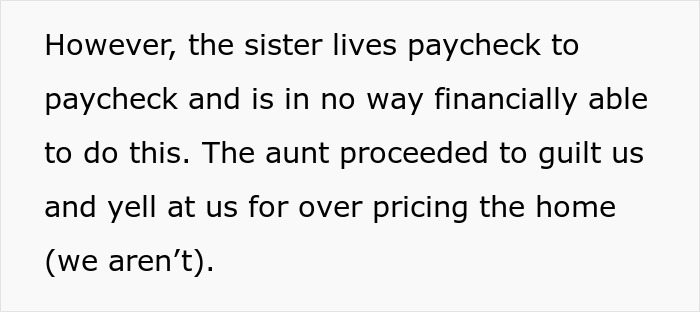 Text about family drama involving aunt living rent-free in inherited dad&rsquo;s house causing tension over pricing.