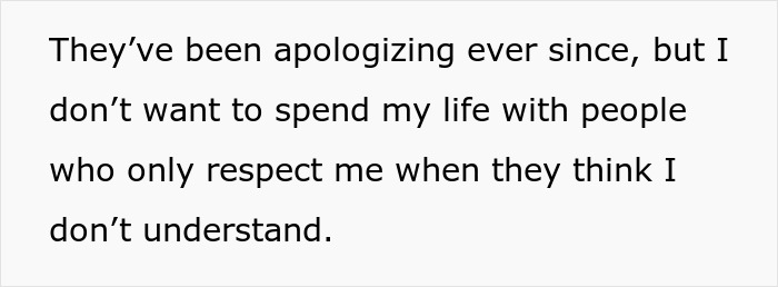 Text image showing a statement about respect and family dynamics related to a fiancé misunderstanding and language assumption.