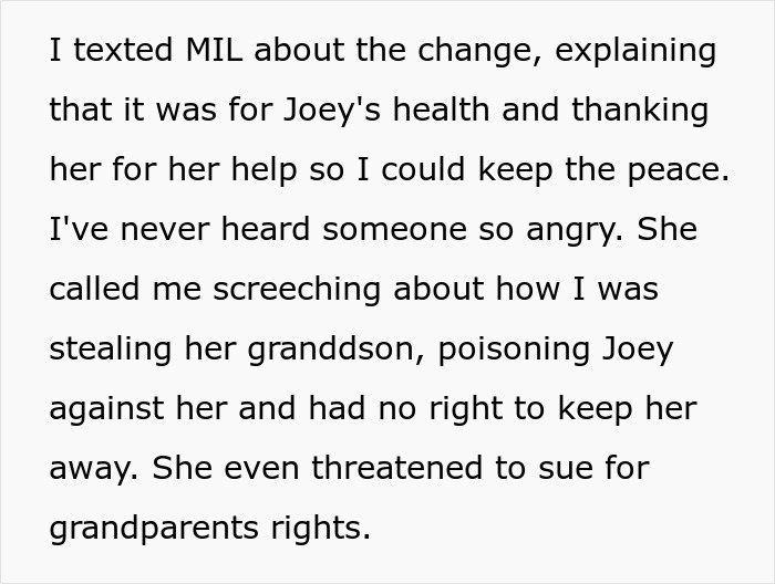Text about woman replacing MIL as caregiver after allergy issues, facing family backlash and legal threats.