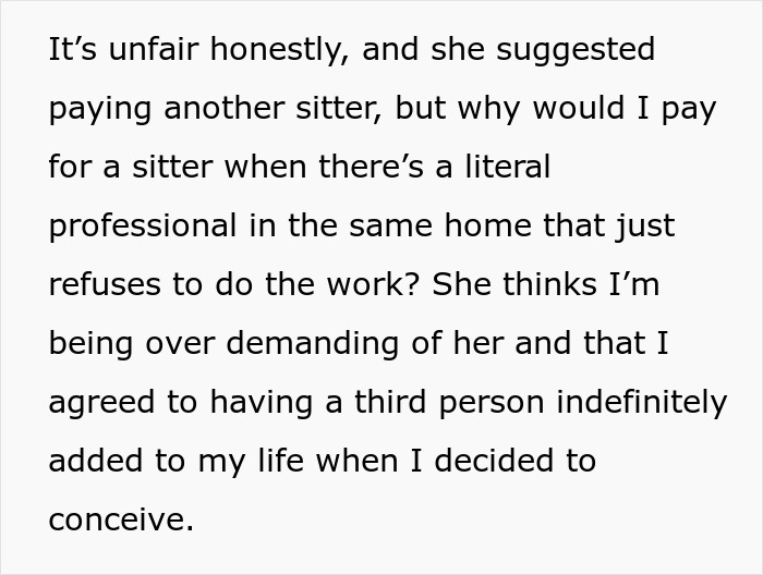 Text excerpt discussing the unfair demand on a nanny who works 50 hours a week to babysit for free on off days.