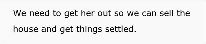 Text graphic showing a family dispute about selling a house where an aunt is living rent-free.