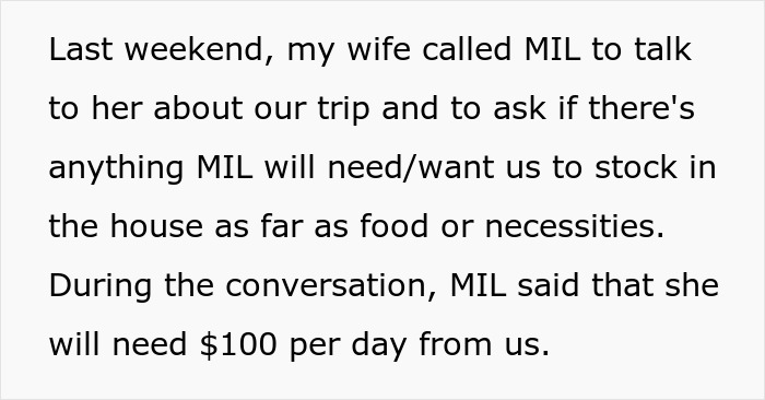Text discussing a wife calling MIL about a trip and MIL requesting $100 daily for babysitting a toddler.