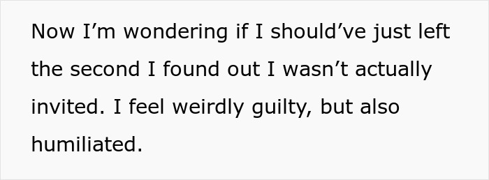 Alt text: Text expressing feelings of guilt and humiliation after discovering exclusion from a surprise birthday party. - 8