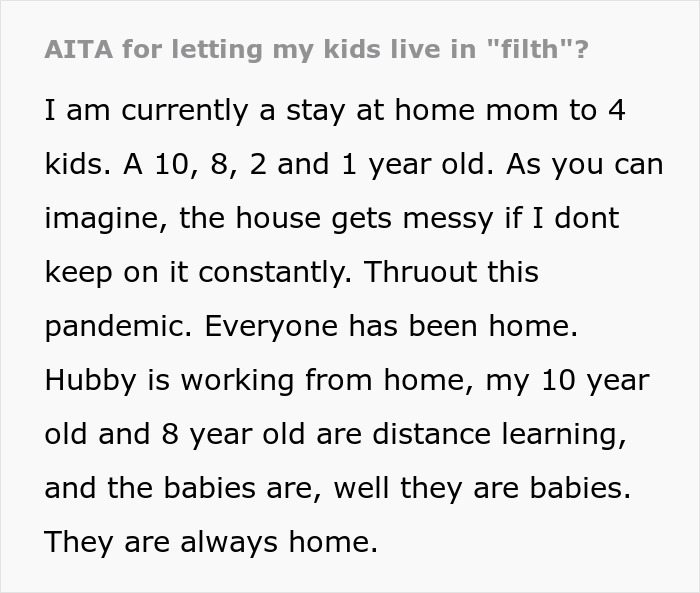Mother lets family live in filth temporarily to teach a lesson about cleanliness and managing a busy household.
