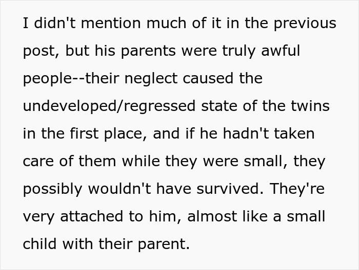 Text expressing how husband's care for disabled siblings stems from their parents' neglect, raising wife&rsquo;s doubts about their marriage.