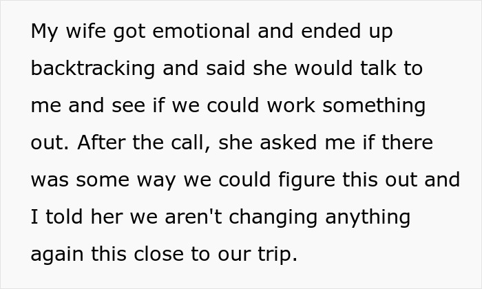 Text discussing a refusal to pay MIL for babysitting a toddler and a wife reconsidering the decision before a trip.