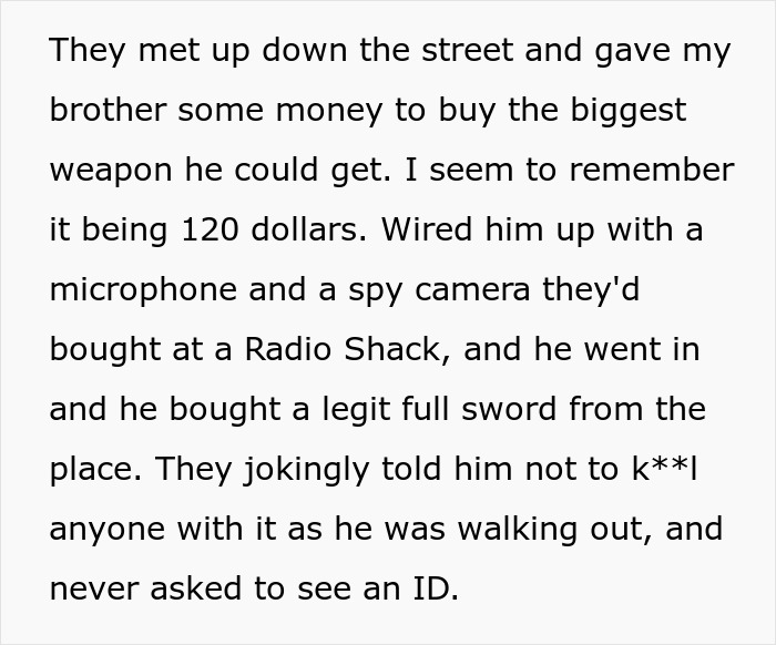 Text excerpt describing a mom shutting down a gaming store after they sold dozens of swords to her son without checking ID. - 19