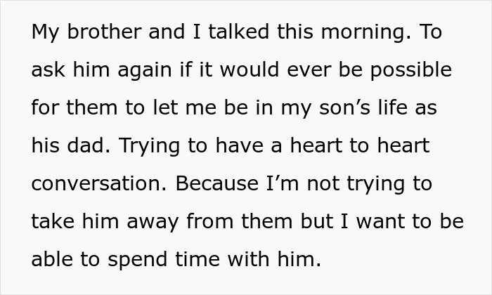 Text excerpt showing a bio dad trying to discuss family drama and refusal to babysit or spend time with his son.