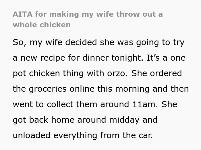 Text excerpt about wife leaving raw chicken in car trunk, husband calls it biohazard and refuses to eat dinner. - 2