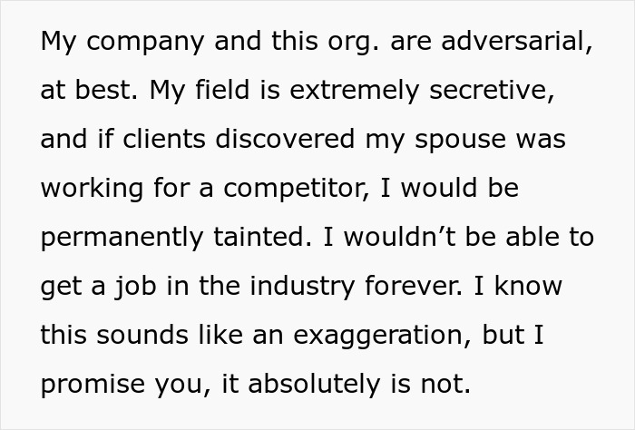 Text about asking husband to turn down dream job due to company secrecy and industry conflict concerns. - 7