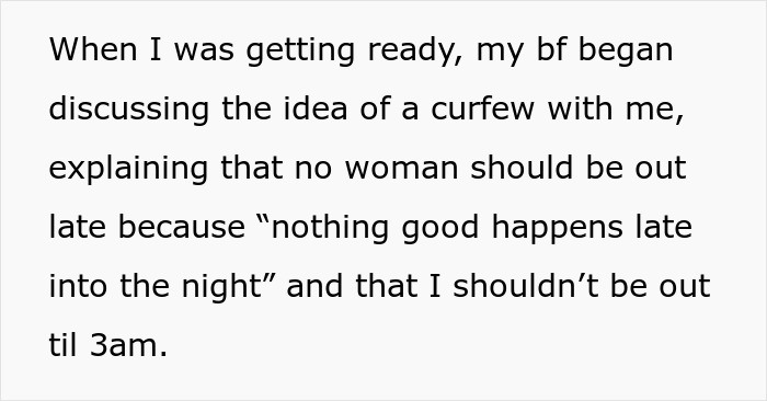 Text describing a woman rethinking her relationship after a red-flag argument with her boyfriend about curfew rules.
