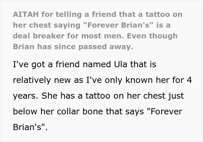 Text excerpt about a man explaining why a friend&rsquo;s tattoo is ruining her love life, causing her tears.