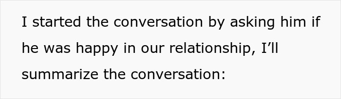 Text on a white background stating the start of a conversation about happiness in a relationship and its summary. - 54