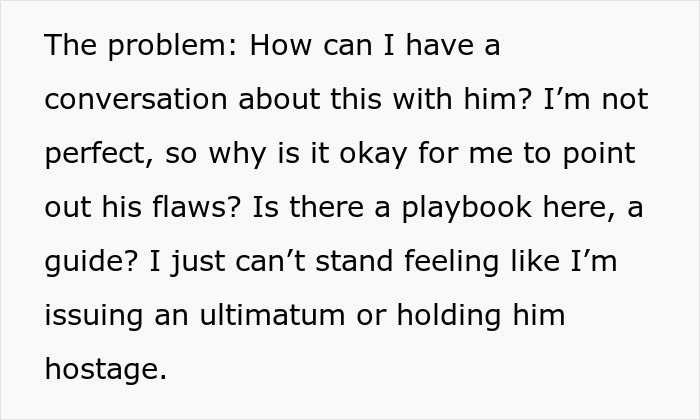 Text discussing difficulties in addressing flaws with a manipulative husband and feeling like issuing ultimatums or holding him hostage. - 8