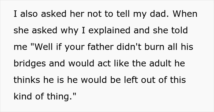 Text excerpt showing a conversation about not sharing important news with dad due to past mistakes and burned bridges.