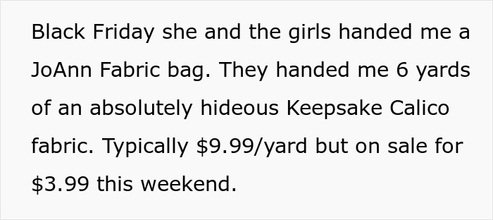Text describing a woman’s beloved $25/yard fabric ruined by guest’s kids, showing a JoAnn Fabric bag and fabric details. - 11