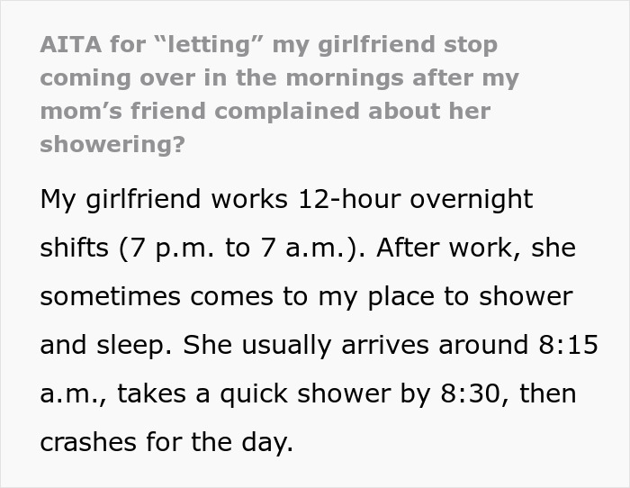 Text excerpt discussing a man confused why his girlfriend not visiting him in the mornings causes drama with his mom. Text excerpt discussing a man confused why his girlfriend not visiting him in the mornings causes drama with his mom.