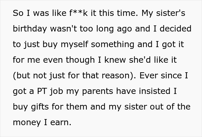 Text excerpt about sibling conflicts and buying gifts after getting a PT job, highlighting issues with a golden child stealing gifts.