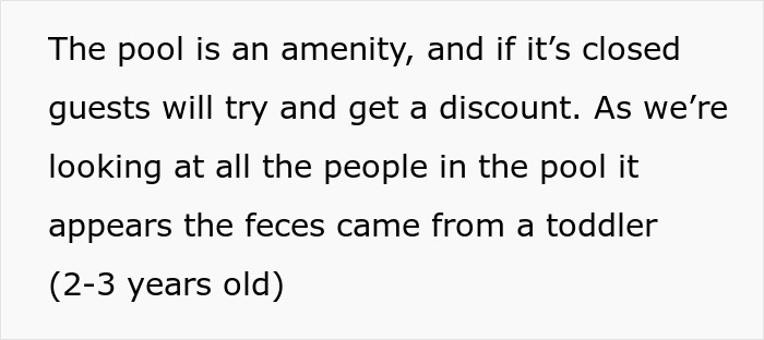 Hotel pool scene with guests swimming, and incident involving kid poop affecting hotel pool amenity. - 8