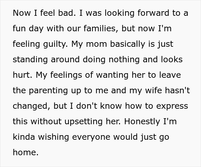 Text excerpt showing a mom feeling hurt and overprotective while son lets in-laws help with baby care.