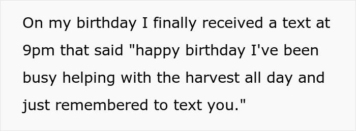 Text message received late on birthday mentioning being busy with the harvest and finally remembering to send wishes.