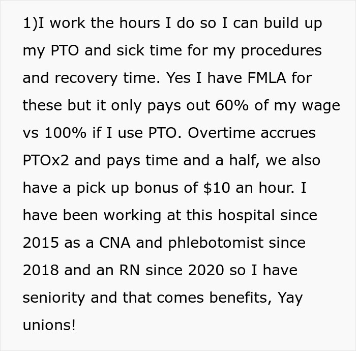 Text excerpt about working hours, PTO, FMLA, and job experience as CNA, phlebotomist, and RN since 2015 in a hospital - 14