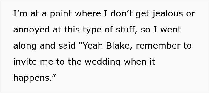 Text excerpt about a man showing no jealousy while addressing relationship issues between his brother and longtime girlfriend.