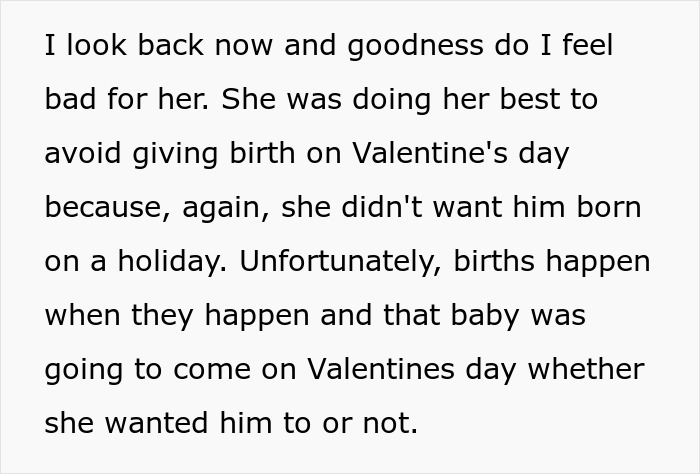Text on a white background describing a woman feeling sympathy for a birth that happened on Valentine's Day despite efforts to avoid it. - 11
