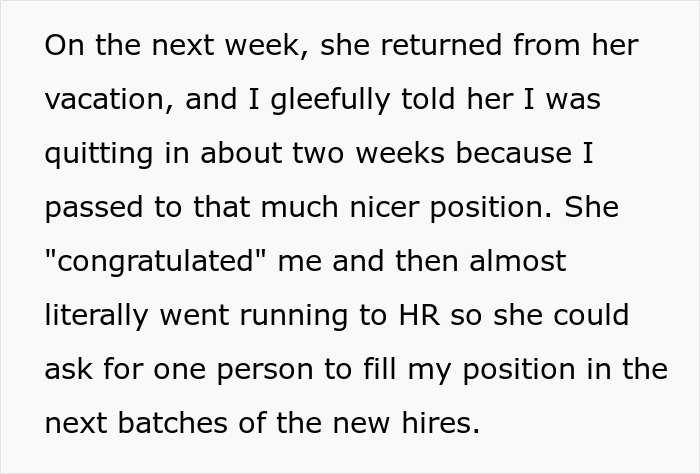 Text excerpt about an employee quitting after a boss steals 2 days of pay and the employee blowing the whistle.