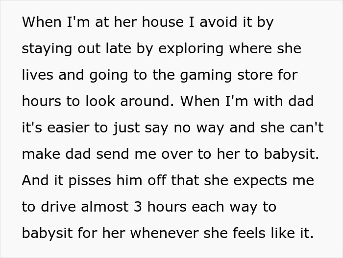 Text describing a teen frustrated by absentee mom expecting him to babysit fianc&eacute;'s kids during her dates.