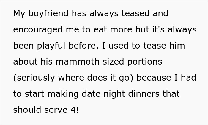 Text excerpt about a boyfriend teasing and encouraging his girlfriend to eat more, highlighting nagging and relationship tension.
