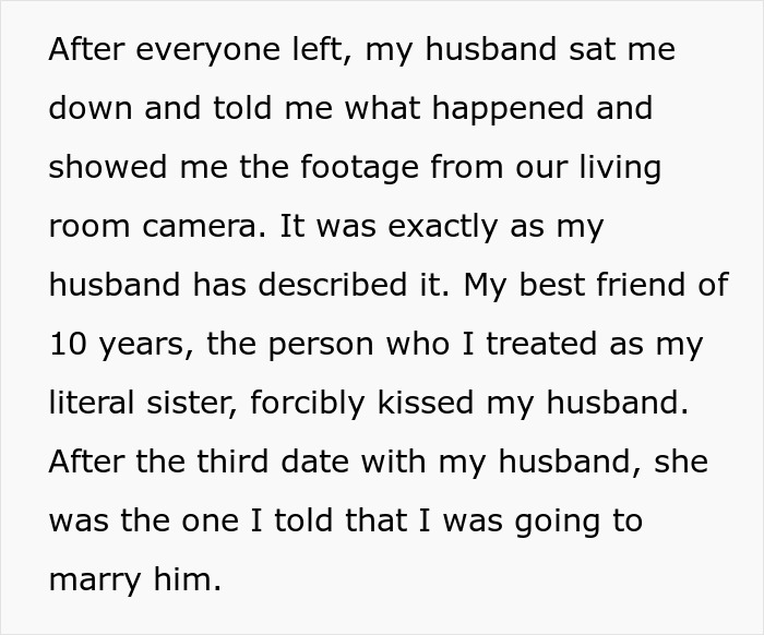 Text excerpt about a shocked wife discovering her bestie forcefully kissed her husband, raising questions of an affair.