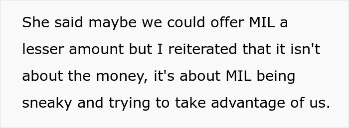 Text discussing refusing to pay MIL for babysitting, highlighting concerns about MIL taking advantage of family.