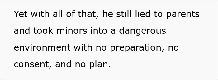 Text excerpt about a man lying to parents and taking minors to a dangerous environment without preparation or consent at church camp Houston.