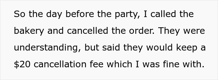 Text about cancelling a party cake order and a $20 cancellation fee, linked to aunt and sister party drama. - 8