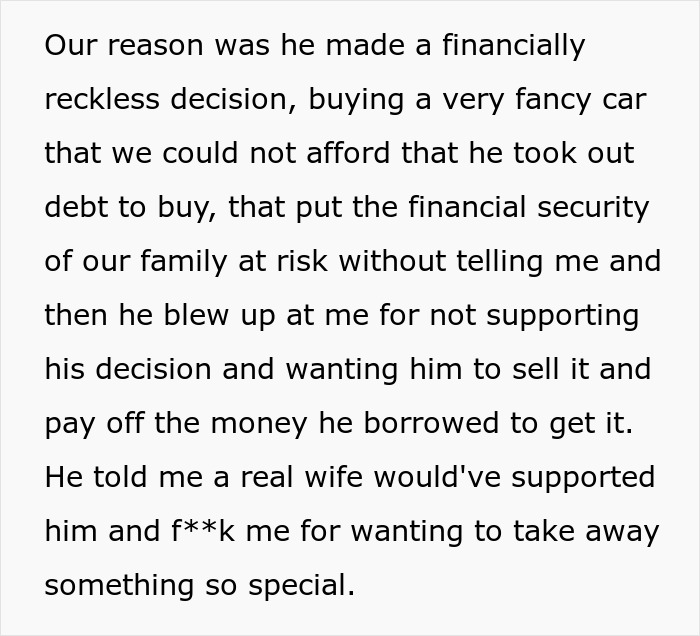 Text excerpt describing a dad's financially reckless decision causing family conflict and children choosing no-contact.