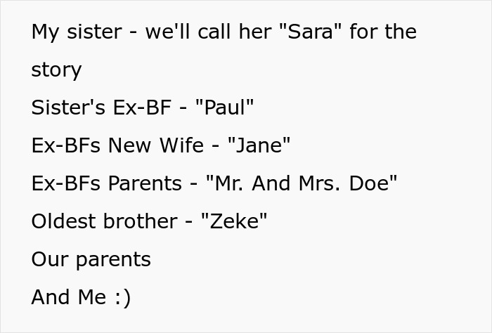 Text describing characters involved in lady's revenge on sister's bad ex by convincing his wife to unknowingly name their baby. - 4