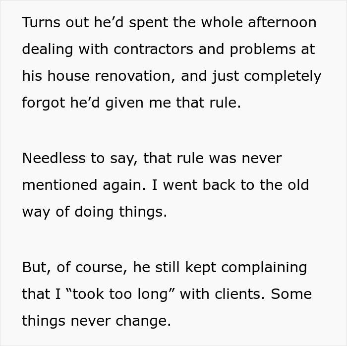 Text excerpt showing frustration with a boss who told guy to message after every client but ignored him for hours. - 16
