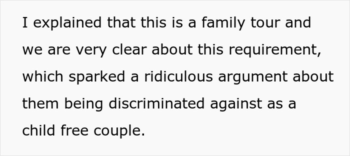 Text excerpt discussing a tour company’s policy causing dispute with a childfree couple on a family tour. - 11