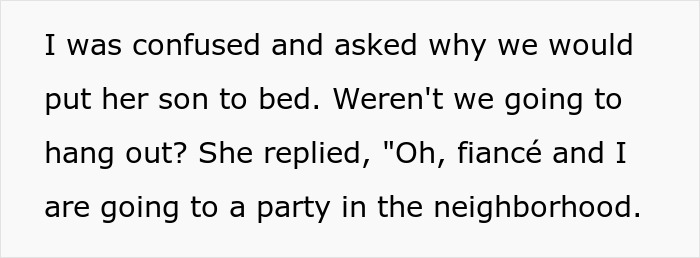 Text excerpt showing confusion about babysitting plans and a friend attending a neighborhood party instead.