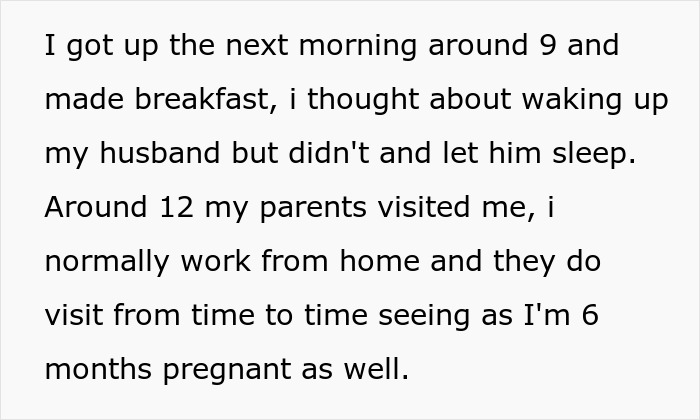 Text describing a pregnant wife explaining her morning routine while her parents want to wake her husband who sleeps past noon.