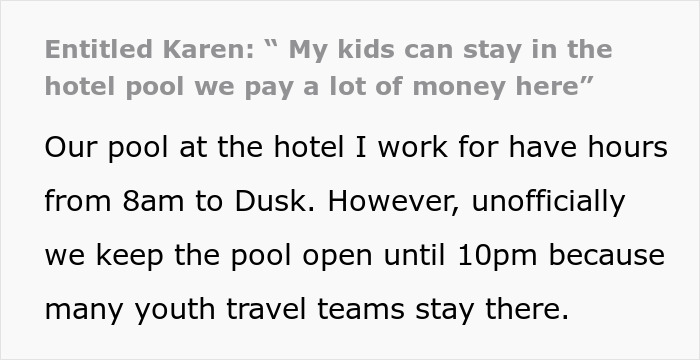 Entitled Karen insists on using hotel pool after hours, demanding access despite official closure for guests. - 2