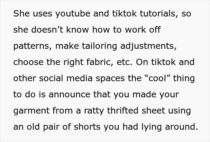 Text discussing woman refusing to wear niece&rsquo;s handmade dress, criticizing tailoring skills and fabric choices from social media tutorials.