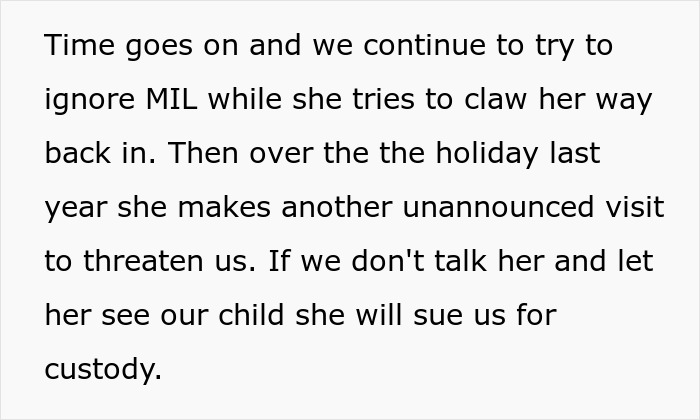 Text describing a mother-in-law threatening to sue for custody after unannounced visits and false reports to CPS.