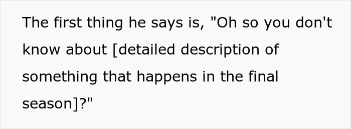 Man revealing Stargate spoilers to shop employee, unaware of receiving unexpected payback at the register.