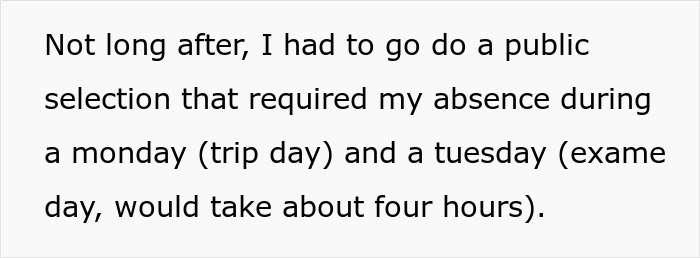 Text excerpt from an employee explaining required absence on a Monday and Tuesday due to public selection and exam day.