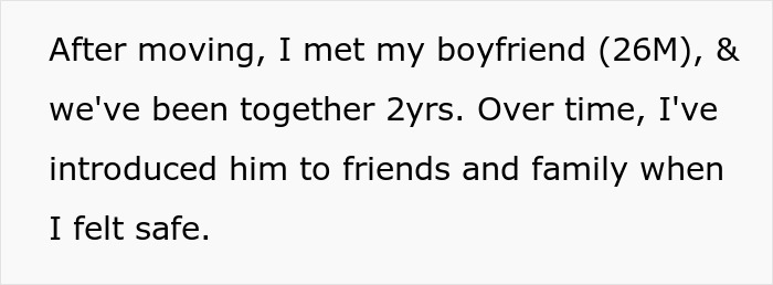 Text describing a gay man sharing about meeting his boyfriend and introducing him to friends and family after moving.