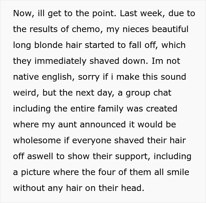 Text describing a family upset about a 17-year-old not shaving his head to support 7-year-old with cancer.