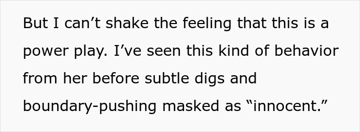 Text excerpt discussing a power struggle and boundary-pushing behavior disguised as innocence in a wedding context. Text excerpt discussing a power struggle and boundary-pushing behavior disguised as innocence in a wedding context.