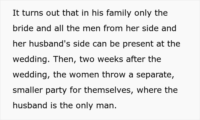 Family call-off wedding tradition allows only bride and men from both sides at wedding, women host separate party later.